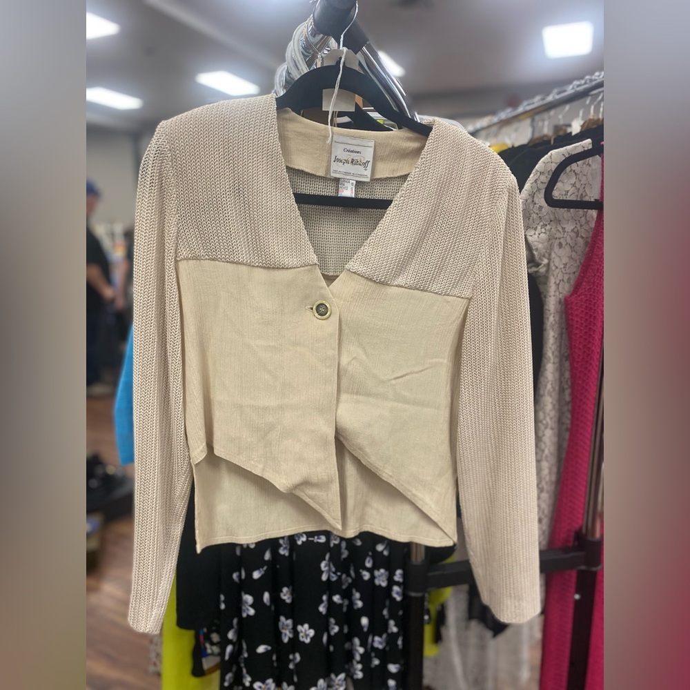 Joseph Ribkoff Two-Tone Cream Knit-Panel Cropped Cardigan
